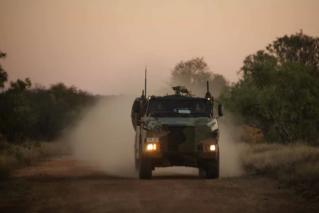 Australian Army Bushmaster Protected Mobility Vehicle at RAAF Base Curtin as part of Exercise Talisman Sabre 2023 at Derby, Western Australia. (Department of Defence)