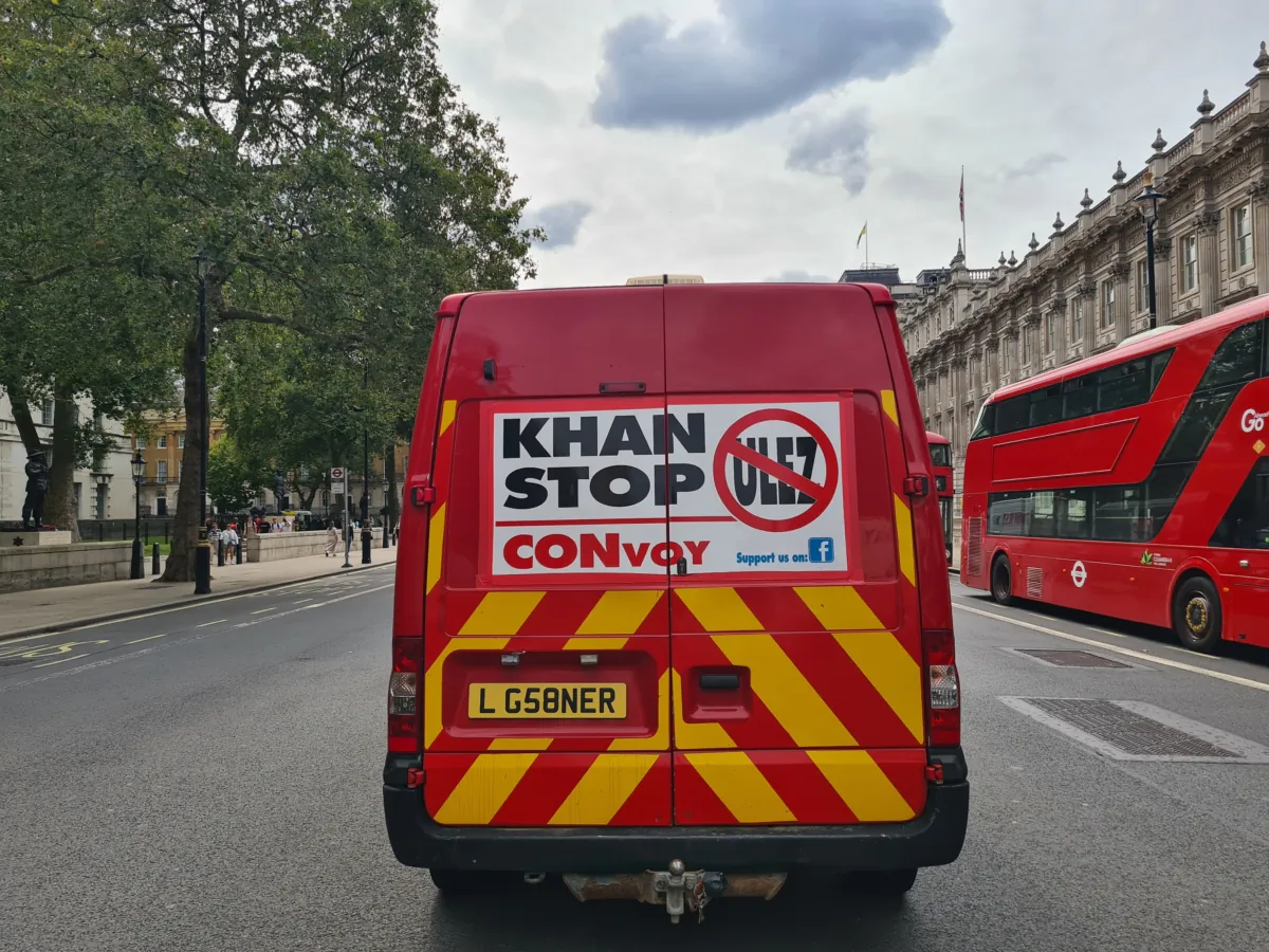 A photo of a protester's van, taken on Whitehall, London, displays signage criticising the Mayor of London Sadiq Khan's ULEZ expansion. August 29th 2023. (Joseph Robertson / The Epoch Times)