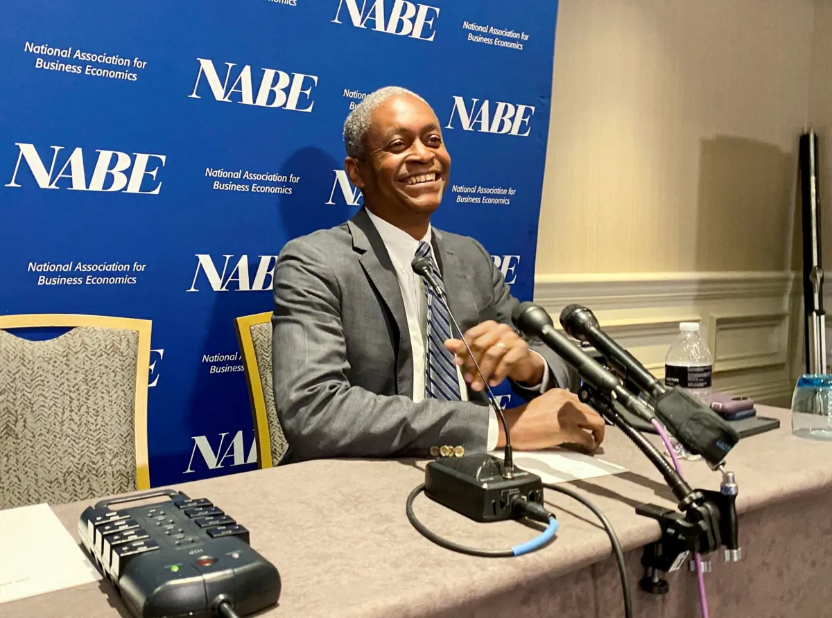 U.S. Atlanta Federal Reserve Bank President Raphael Bostic speaks to reporters at the National Association of Business Economics' annual policy meeting in Washington on March 21, 2022. (Ann Saphir/Reuters)