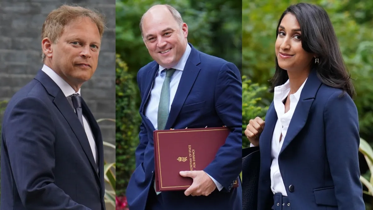Grant Shapps (L) - who replaces outgoing Defence Secretary Ben Wallace (C) - and Claire Coutinho (R) arrive at Downing Street in London for Cabinet reshuffle on Aug. 31, 2023. (PA)