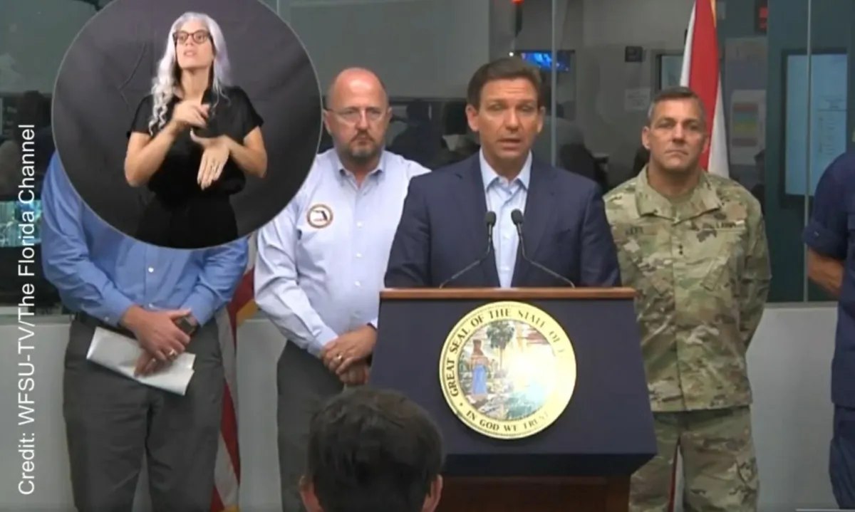 Florida Gov. Ron DeSantis tells Florida residents to take safety precautions as Hurricane Idalia is set to sweep through part of the state in Fla. on Aug. 30, 2023. (WSFU-TV/The Florida Channel via AP/Screenshot via The Epoch Times)