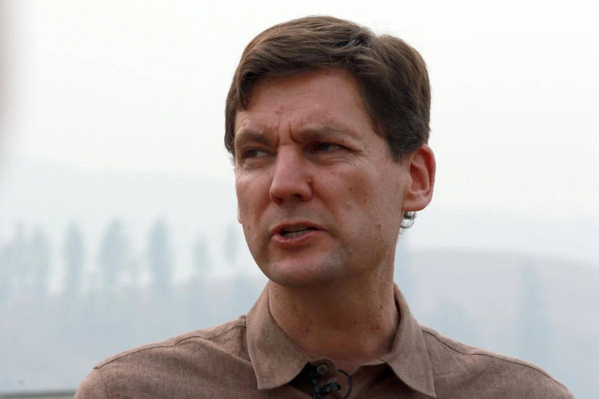 British Columbia Premier David Eby speaks to media following a tour of the Tselletkwe Lodge in Kamloops, B.C., on Aug. 22, 2023. (The Canadian Press/Chad Hipolito)