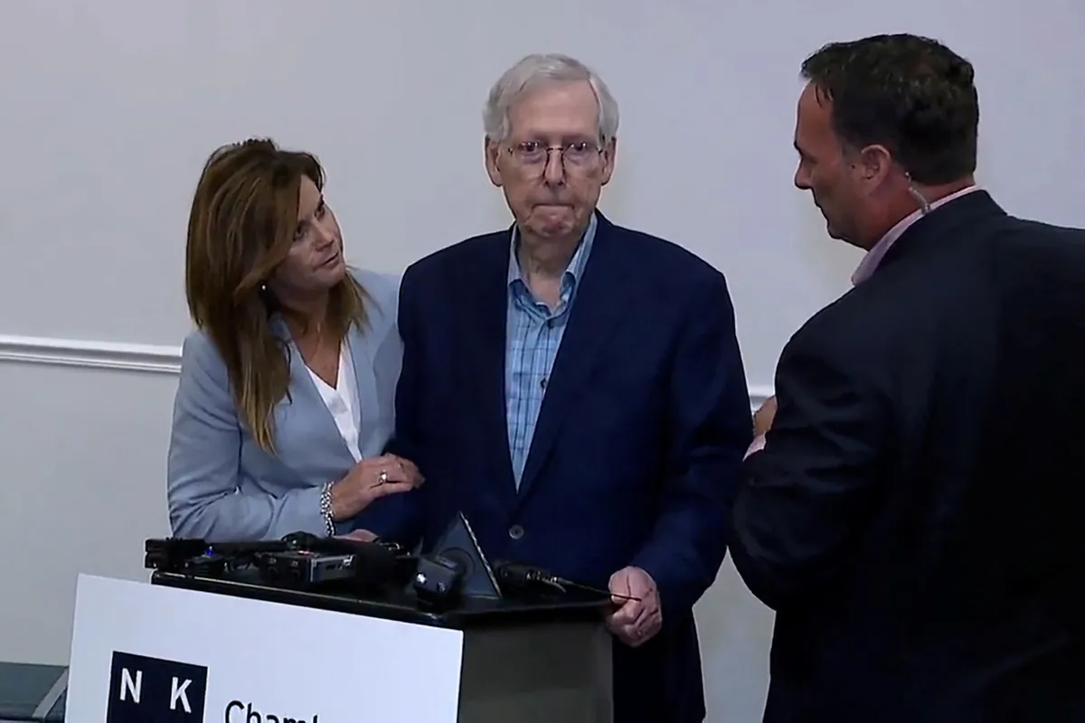 Senate Minority Leader Mitch McConnell appears to freeze up for more than 30 seconds during a public appearance after an event with the Northern Kentucky Chamber of Commerce in Covington, Ky., on Aug. 30, 2023, in a still image from video. (ABC Affiliate WCPO via Reuters)
