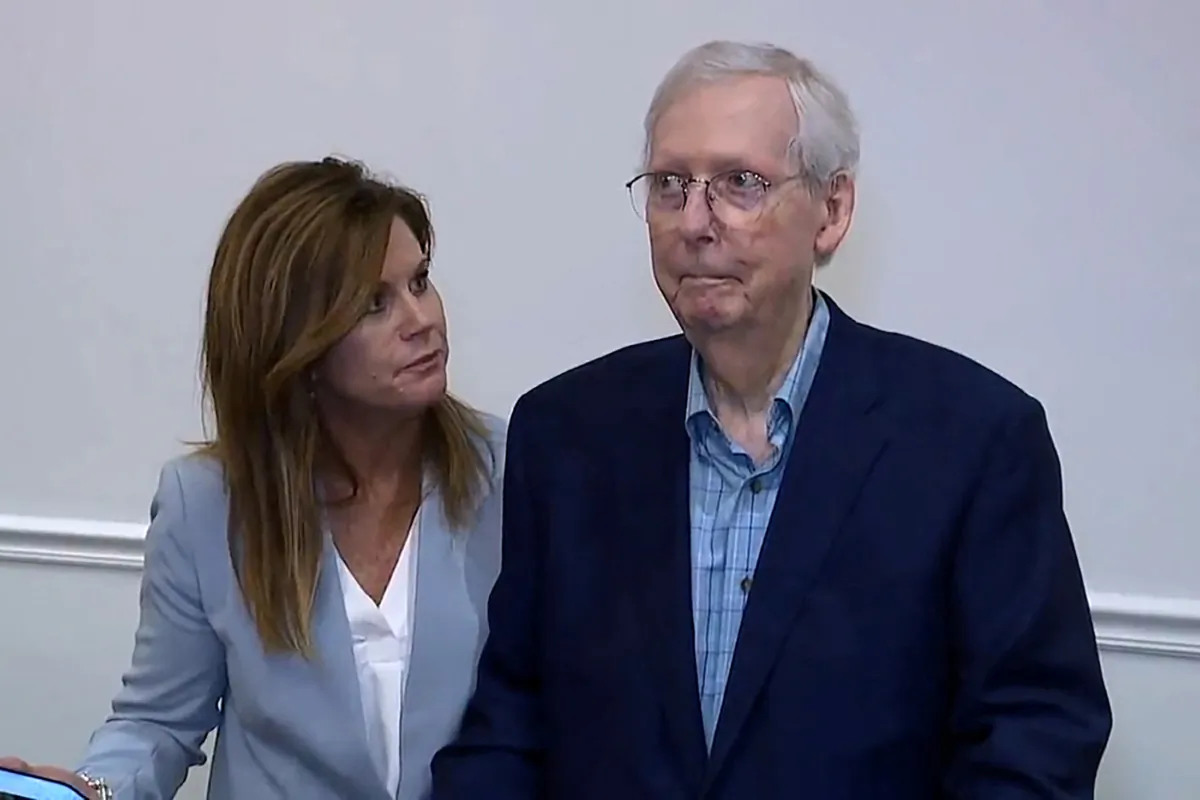 Senate Minority Leader Mitch McConnell appears to freeze up for more than 30 seconds during a public appearance after an event with the Northern Kentucky Chamber of Commerce in Covington, Ky., on Aug. 30, 2023, in a still image from video. (ABC Affiliate WCPO via Reuters)