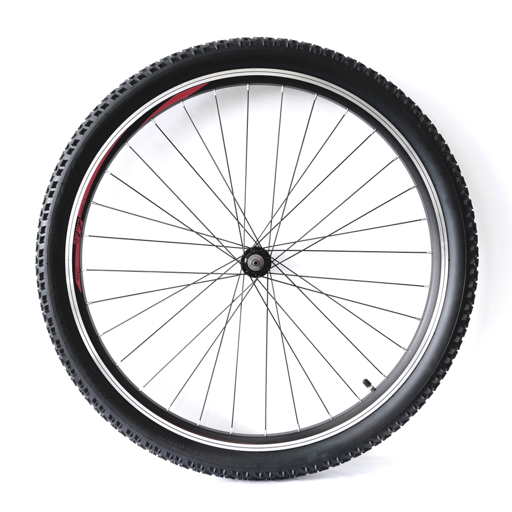 Black And Alloy Bicycle Wheel Isolated On White Background