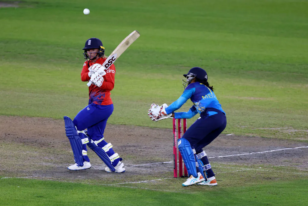 Danni Wyatt of England hits out during the 1st Vitality IT20 match between England and Sri Lanka at The 1st Central County Ground in Hove, England on Aug. 31, 2023. (Clive Rose/Getty Images)