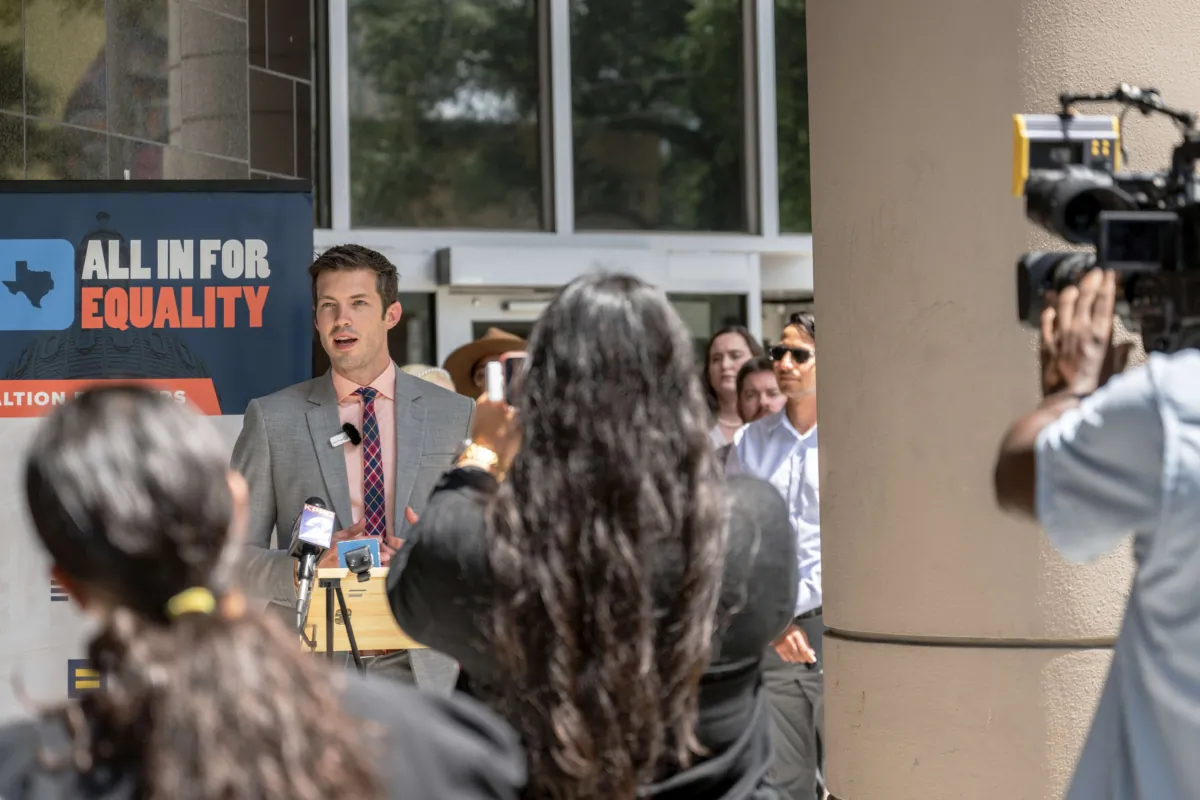 ACLU Texas Attorney Brian Klosterboer speaks during a news conference after a court hearing for Senate Bill 12 at the Bob Casey United States Courthouse in Houston, Texas, on Aug. 29, 2023. (Brandon Bell/Getty Images)