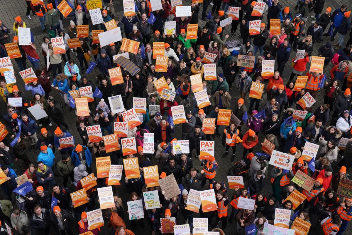 NHS junior doctors taking part in a march and rally in the centre of Birmingham, England, on April 14, 2023. (Jacob King/PA)