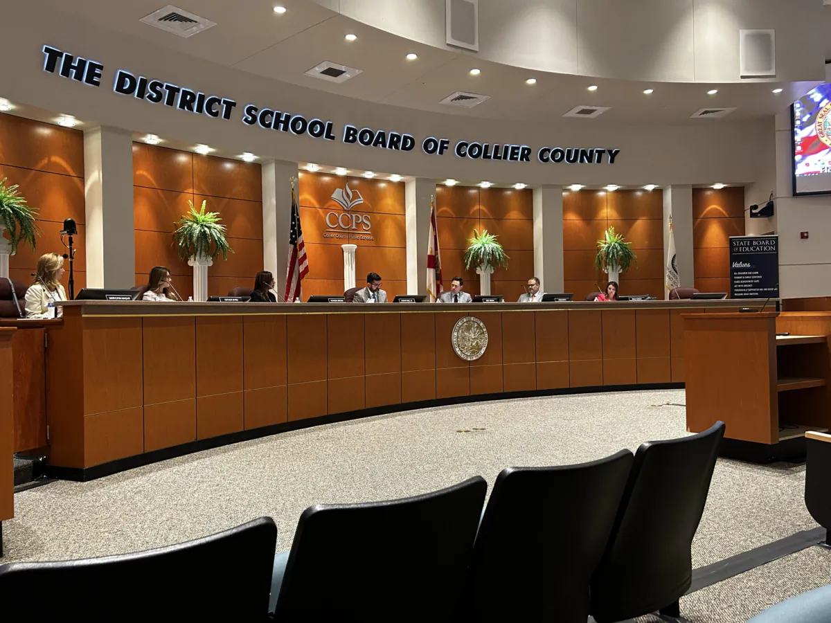 Members of the Florida Department of Education and  Education Commissioner Manny Diaz preside over the Aug. 23, 2023, meeting in Naples, Florida. (Patricia Tolson/The Epoch Times).
