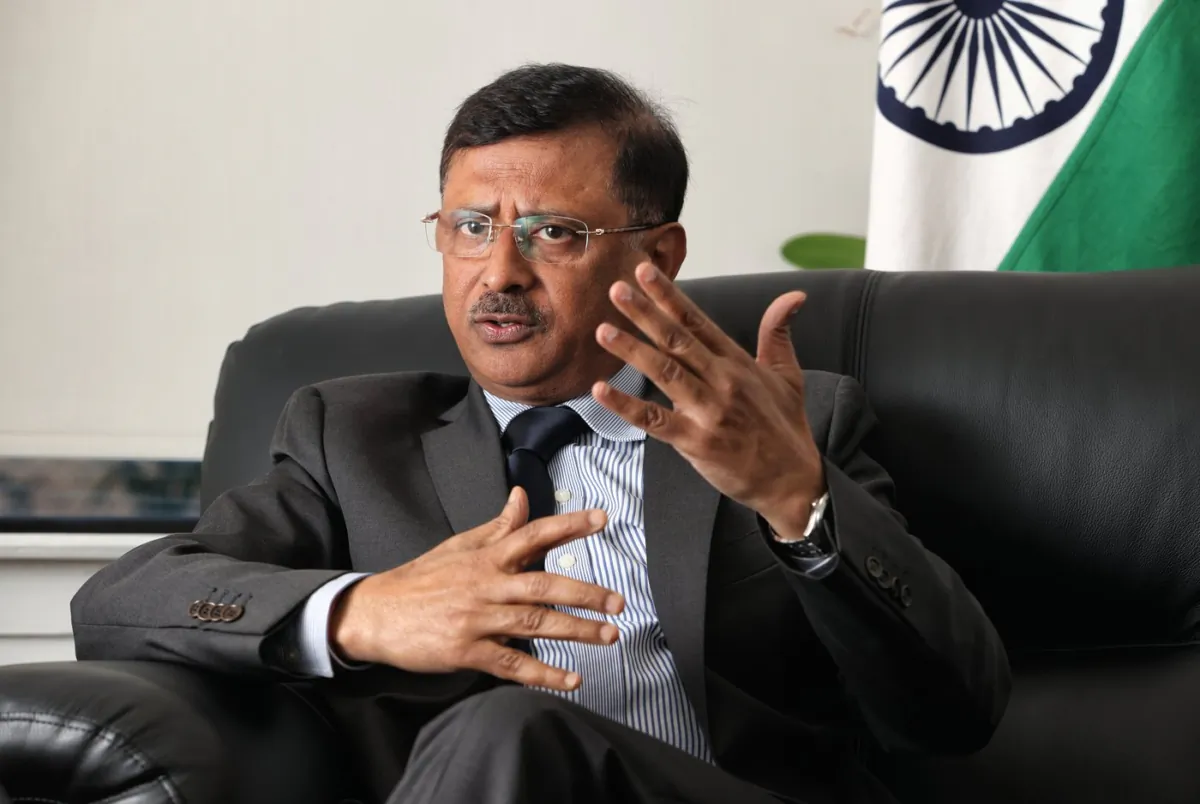 High Commissioner of India to Canada Sanjay Kumar Verma speaks to reporters during an interview in Ottawa on Aug. 31, 2023. (The Canadian Press/Patrick Doyle)