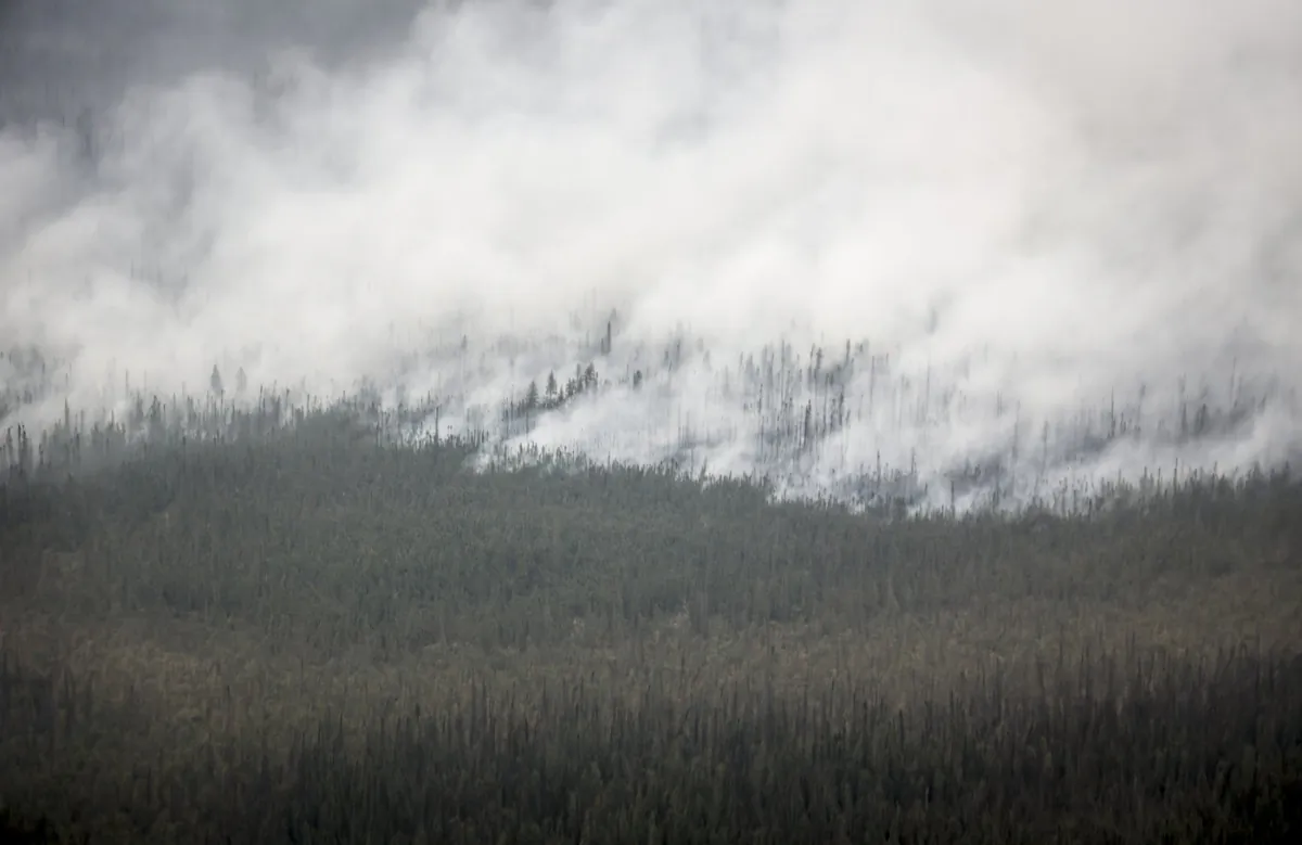 A wildfire burns south of Enterprise, N.W.T., on Aug. 17, 2023. (The Canadian Press/Jeff McIntosh)