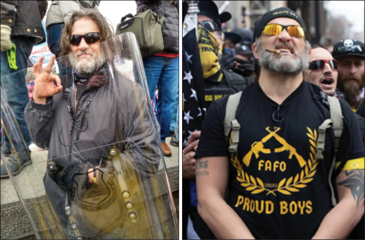 Dominic J. Pezzola of Rochester, N.Y., holds the riot shield he used to smash open a Capitol window on Jan. 6, 2021. (U.S. Department of Justice/Screenshots via The Epoch Times)