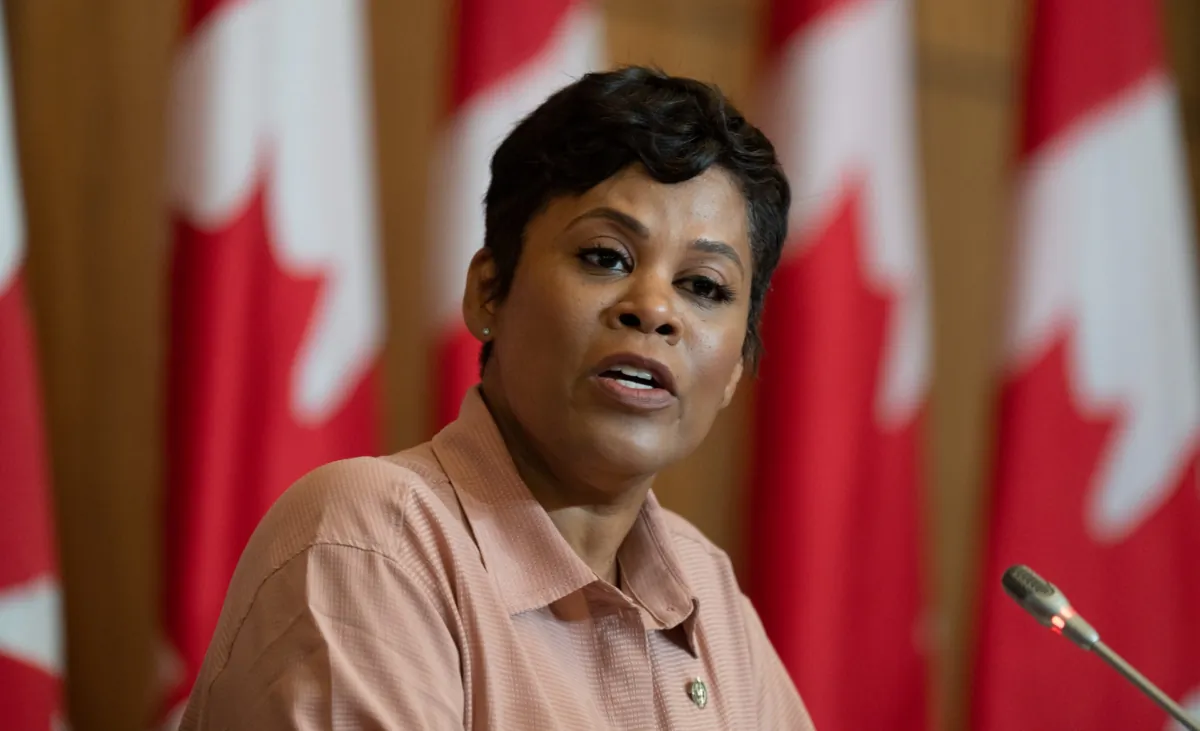 Women and Gender Equality and Youth Minister Marci Ien speaks at a news conference in Ottawa on Aug. 9, 2022. (Adrian Wyld/The Canadian Press)