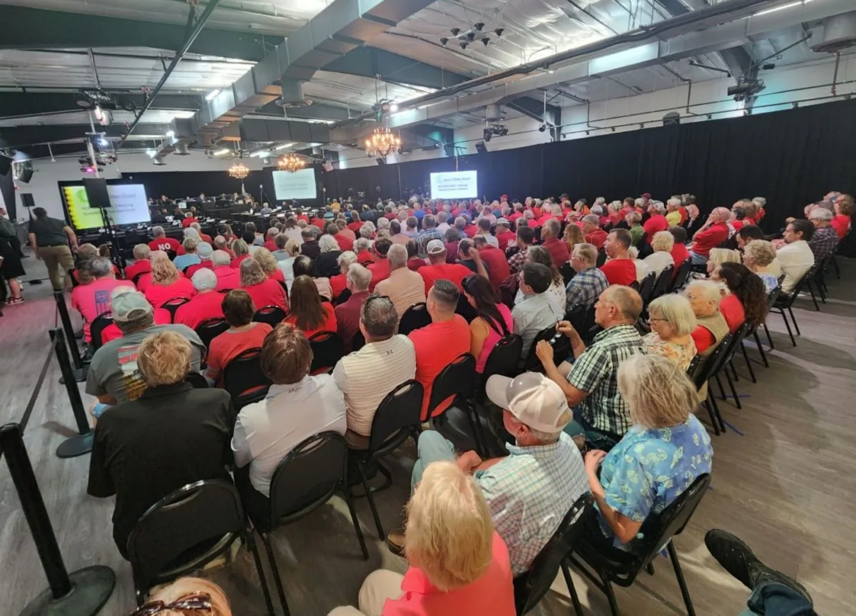Iowa land owners attend Iowa Utility Board hearing in Fort Dodge in August, 2023, on permitting of Summit Carbon Solutions pipeline project that would require easements on hundreds of private properties. (Courtesy of Jessica Mazour)