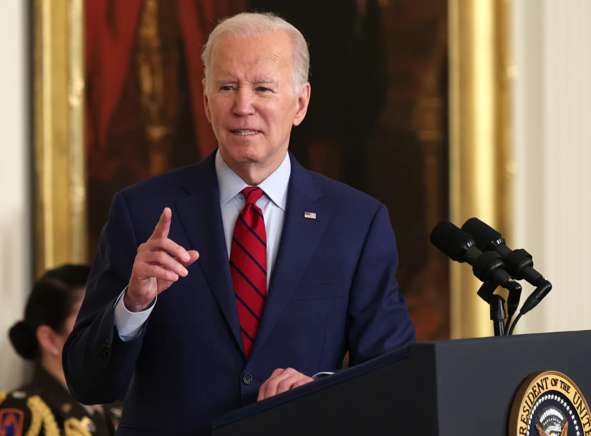 President Joe Biden delivers remarks before presenting the Medal of Honor to a retired veteran in the East Room of the White House on March 3, 2023. (Win McNamee/Getty Images)