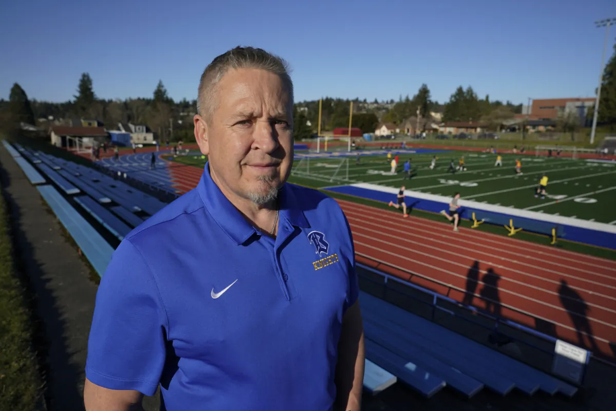 Joe Kennedy, a former assistant football coach at Bremerton High School football field in Bremerton, Wash., on March 9, 2022. (Ted S. Warren/AP Photo)