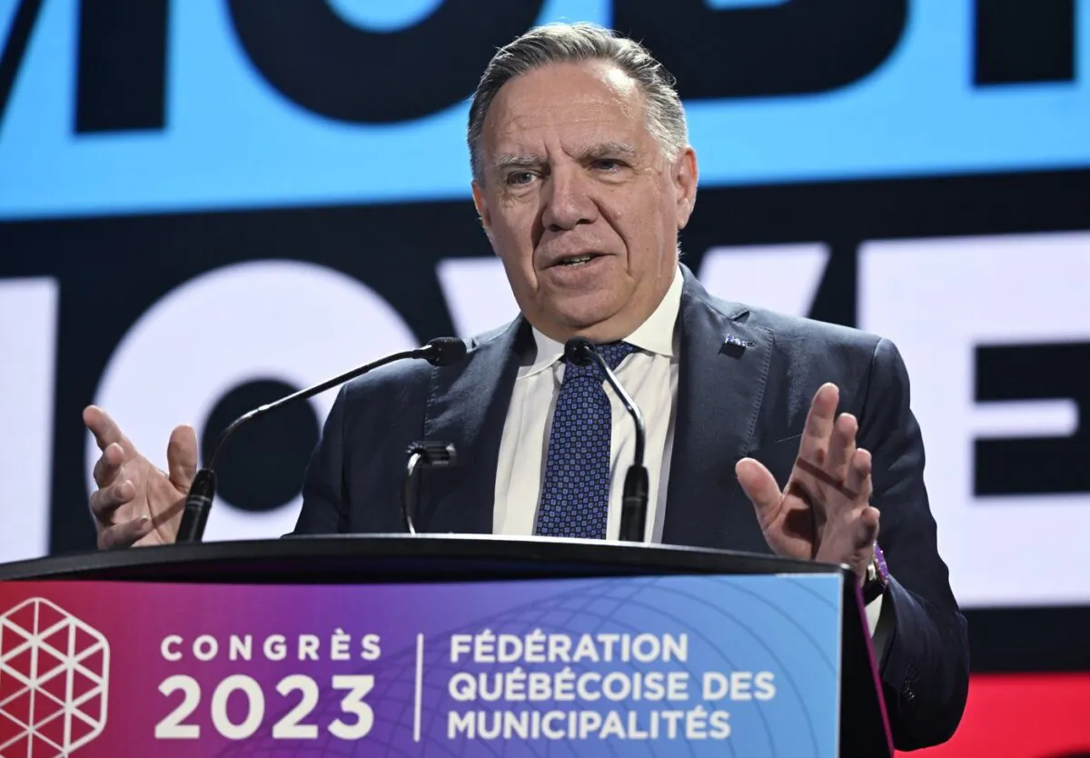 Quebec Premier Francois Legault speaks to members of the Federation Quebecois des Municipalites at their annual meeting in Quebec City, Sept. 29, 2023. (The Canadian Press/Jacques Boissinot)