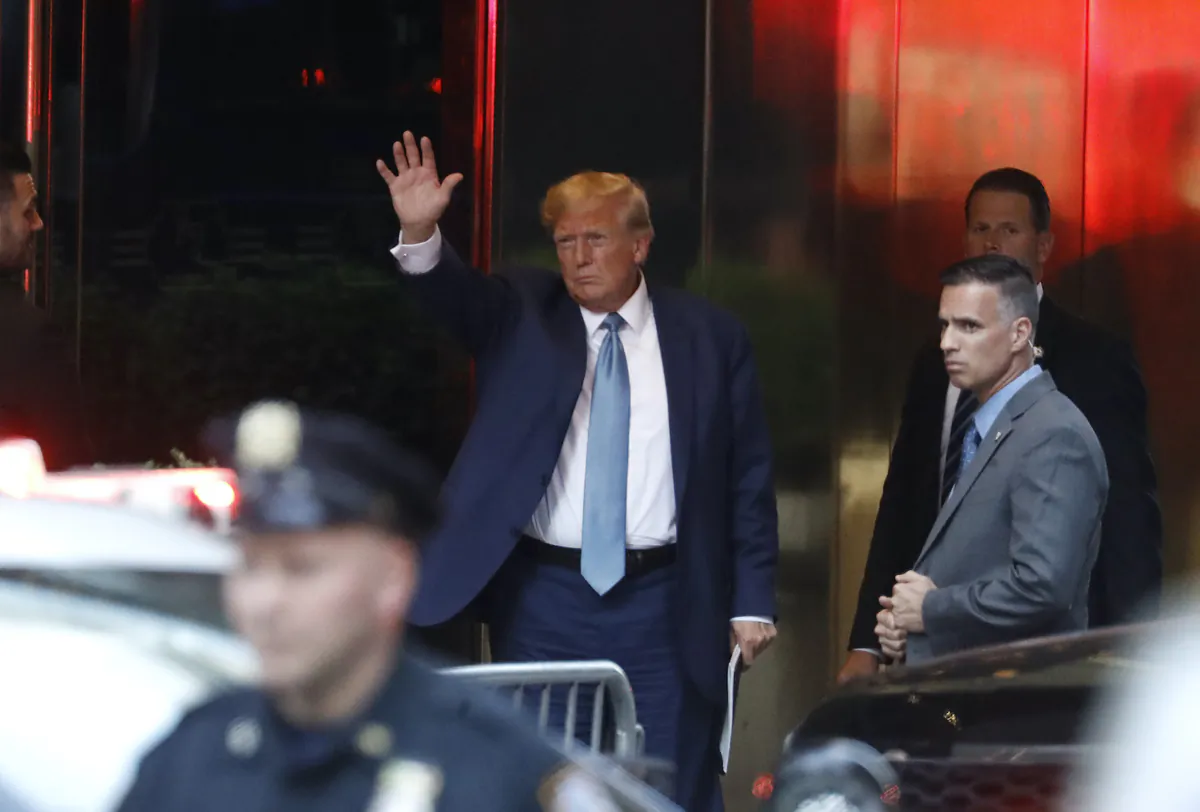 Former U.S. President Donald Trump arrives at Trump Tower following a deposition at the office of the NY Attorney General in New York City on April 13, 2023. (John Lamparski/Getty Images)