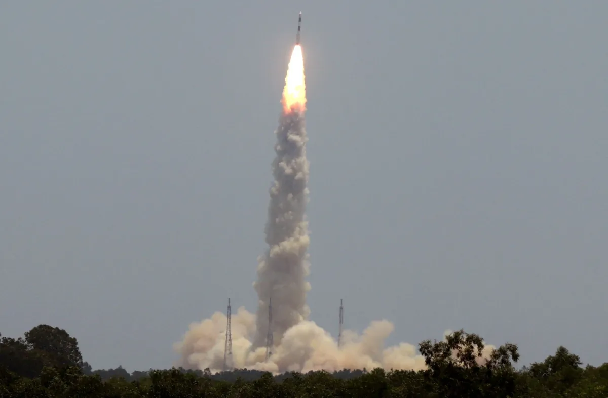India's PSLV-C57 blasts off carrying the Aditya-L1 spacecraft from the Satish Dhawan Space Centre at Sriharikota, India, on Sept. 2, 2023. (Stringer/Reuters)