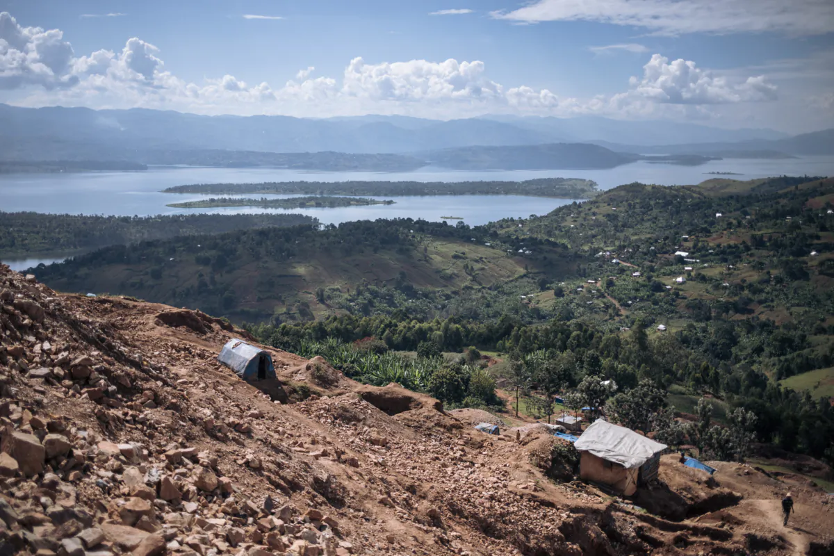 A gold mine in the foreground and Lake Kivu in the background in South Kivu province in eastern Democratic Republic of Congo on May 13, 2023. (Alexis Huguet/AFP via Getty Images)