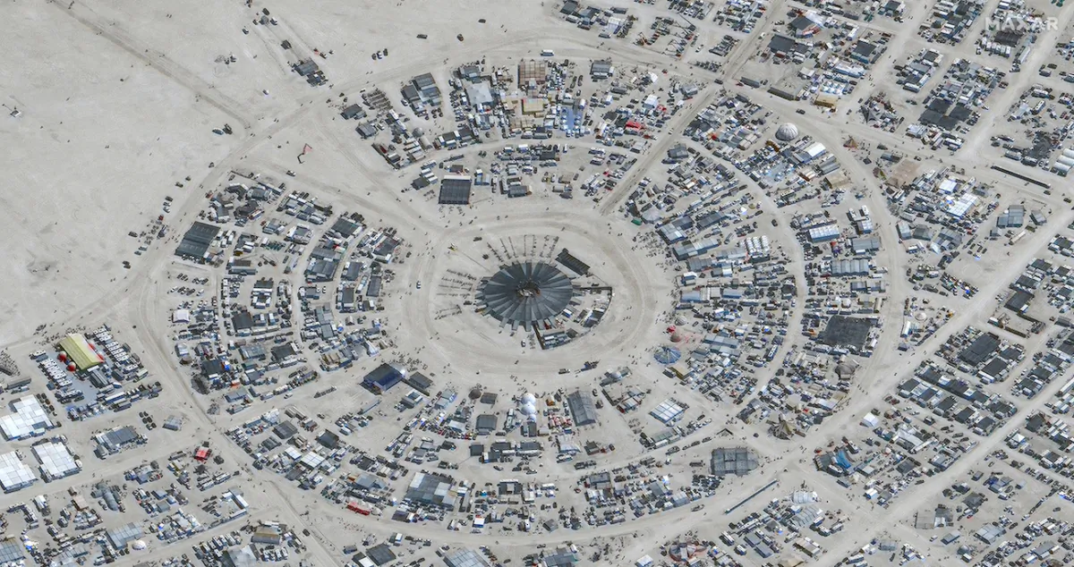 A satellite view shows the center camp during the 2023 Burning Man festival in Black Rock Desert, Nev., on Aug. 28, 2023. (Maxar Technologies/Handout via Reuters)