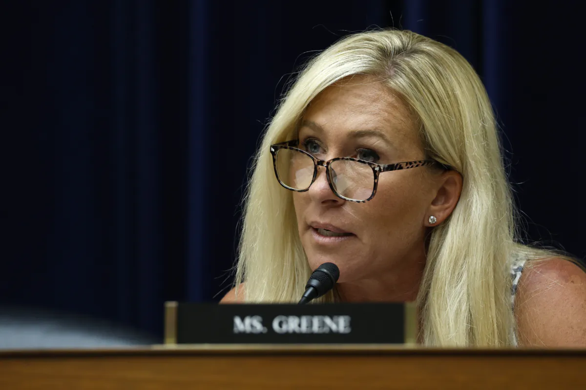 Rep. Marjorie Taylor Greene (R-Ga.) speaks at a hearing with the Select Subcommittee on the Coronavirus Pandemic on Capitol Hill in Washington on July 11, 2023. (Anna Moneymaker/Getty Images)