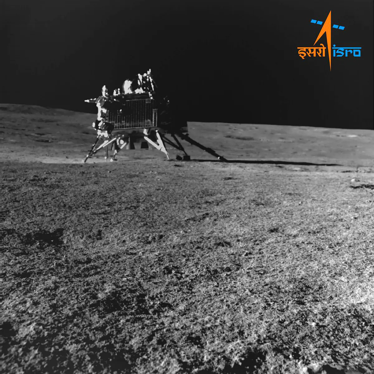 The Indian Space Research Organisation (ISRO) shows Vikram lander as seen by the navigation camera on Pragyan Rover, on Aug. 30, 2023. (Indian Space Research Organisation via AP)