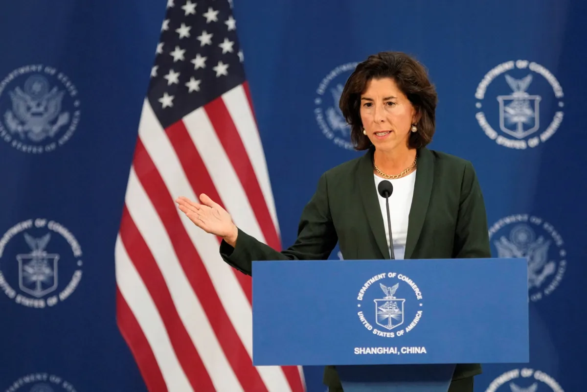 U.S. Secretary of Commerce Gina Raimondo attends a press conference at the Boeing Shanghai Aviation Services near the Shanghai Pudong International Airport, in Shanghai on Aug. 30, 2023. (Aly Song/Reuters)