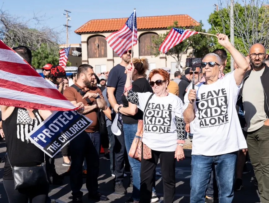 Parents, community members, and activists gather at a Glendale Unified School board meeting to protest district policies on LGBT content in schools in Glendale, Calif., on June 20, 2023. (Courtesy of Hasmik Bezirdzhyan)