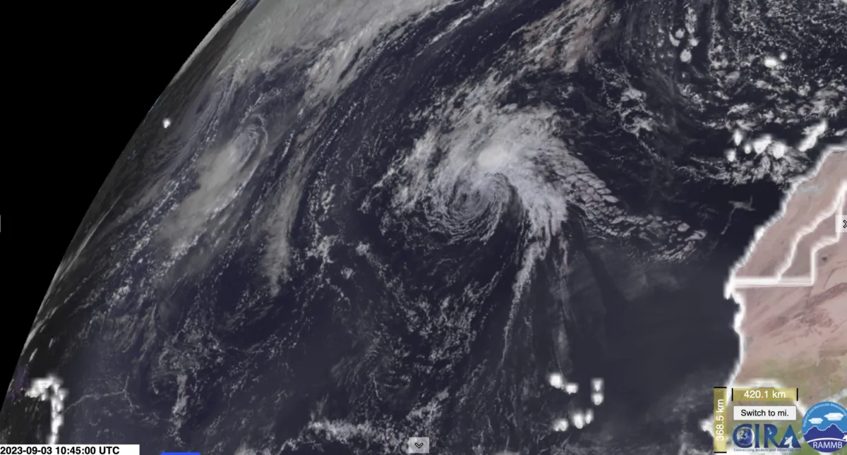 NOAA Satellite imagery of Storm Katia moving across the Atlantic on Sept. 3, 2023. (Screenshot via The Epoch Times/CIRA/RAMMB)