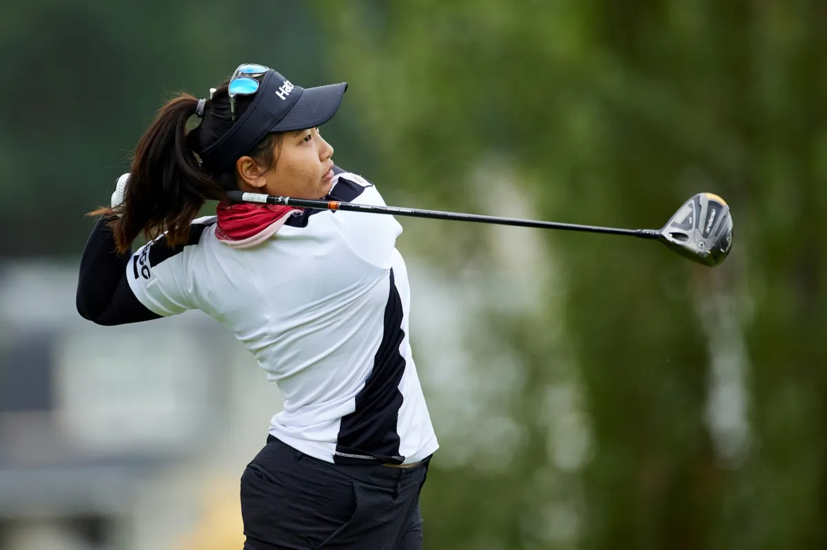 Chanettee Wannasaen, of Thailand, hits a tee shot on the sixth hole during the final round of the LPGA Portland Classic golf tournament in Portland, Ore., on Sept. 3, 2023. (Craig Mitchelldyer/AP Photo)