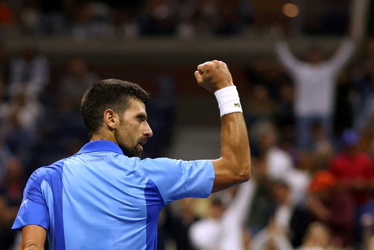 Serbia's Novak Djokovic celebrates during his third round match against Serbia's Laslo Djere in the U.S. Open in Flushing Meadows, New York, on Sept. 1, 2023. (Shannon Stapleton/Reuters)