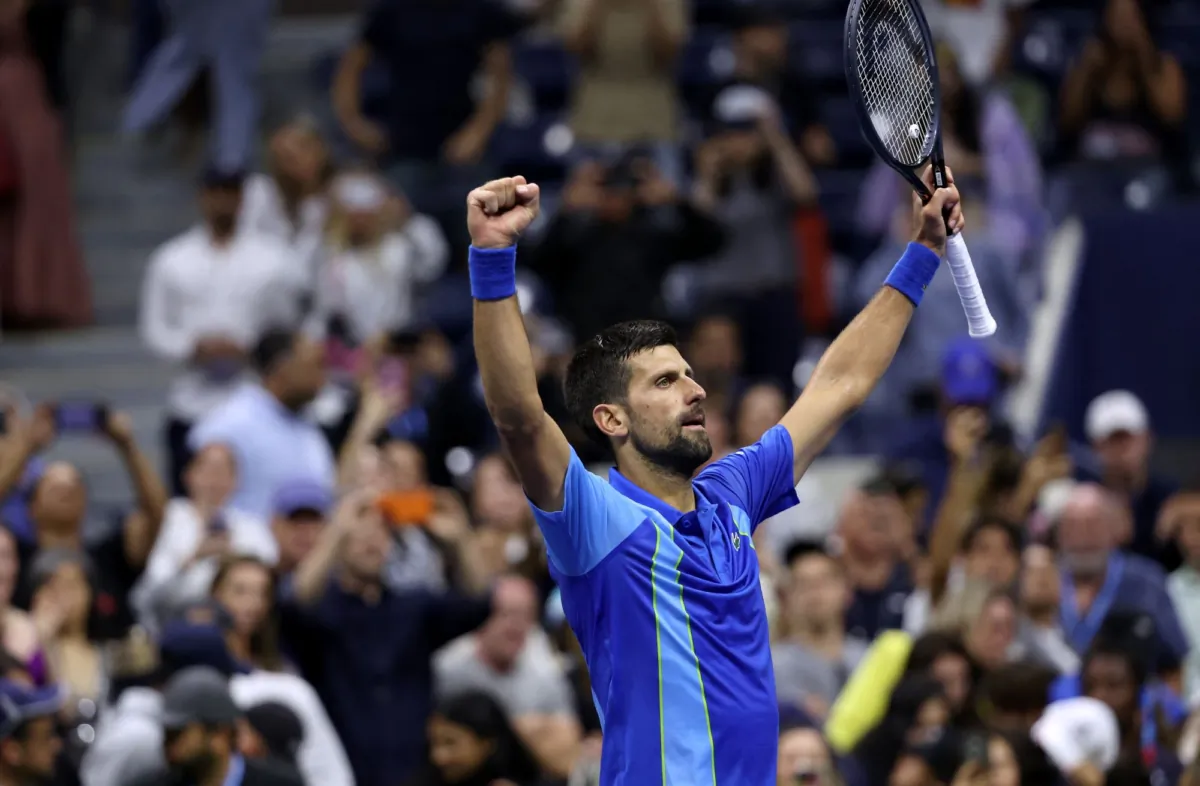 Serbia's Novak Djokovic celebrates winning his third round match against Serbia's Laslo Djere, during the U.S. Open Tennis Tournament, in Flushing Meadows, N.Y., on Sept. 1, 2023. (Shannon Stapleton/Reuters)