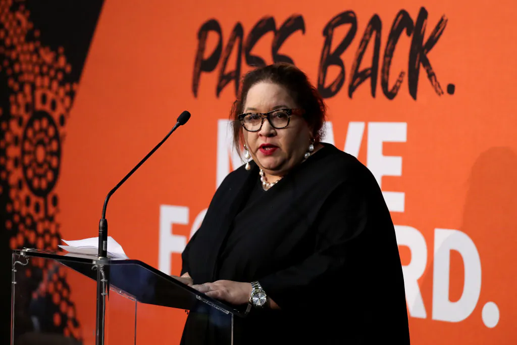 Professor Megan Davis speaks during the NRL Indigenous Round Launch at Rugby League Central in Sydney, Australia on May 25, 2021. (Brendon Thorne/Getty Images)