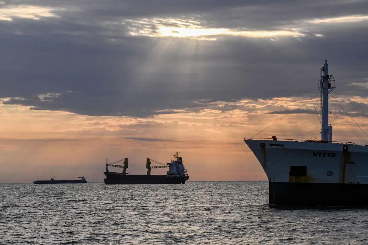 Ships anchored in the Black Sea await to enter the Sulina canal, one of the spilling points of the river Danube to the Black Sea in Sulina, south-eastern Romania, on June 8, 2022. (Daniel Mihailescu/AFP via Getty Images)