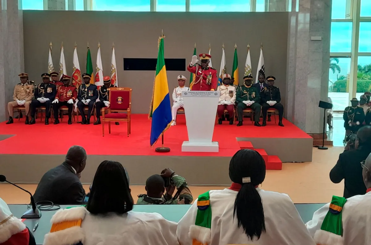 Gabon coup leader General Brice Oligui Nguema is sworn in as interim president during his swearing-in ceremony, in Libreville, Gabon, on Sept. 4, 2023. (Gerauds Wilfried Obangome/Reuters)
