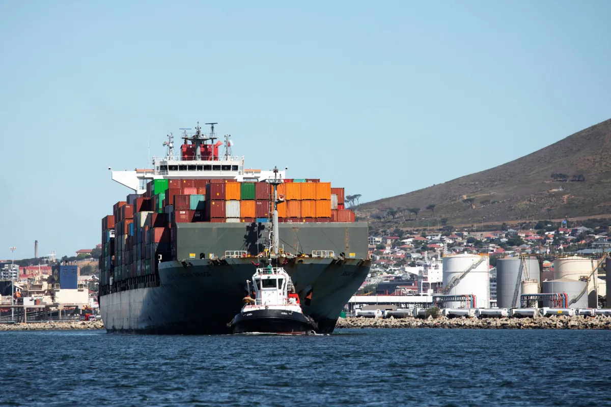 A container ship moves out of Cape Town commercial harbor on Feb. 24, 2023. (Gianluigi Guercia/Getty Images)