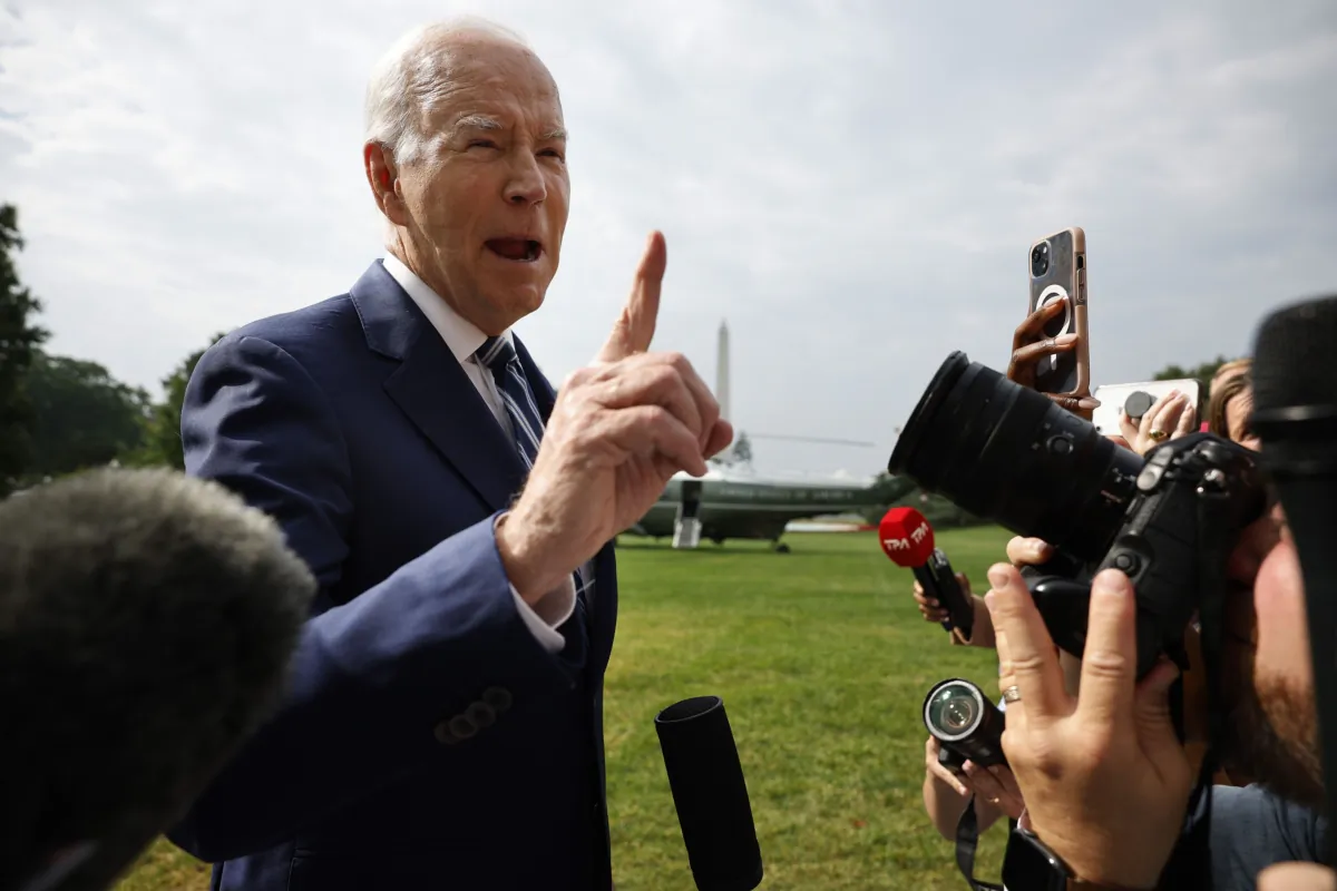U.S. President Joe Biden talks to reporters as he departs the White House on June 28, 2023. Biden is traveling to Illinois to speak on what the administration has dubbed “Bidenomics" and to attend a campaign fundraiser before returning to Washington later in the evening. (Chip Somodevilla/Getty Images)