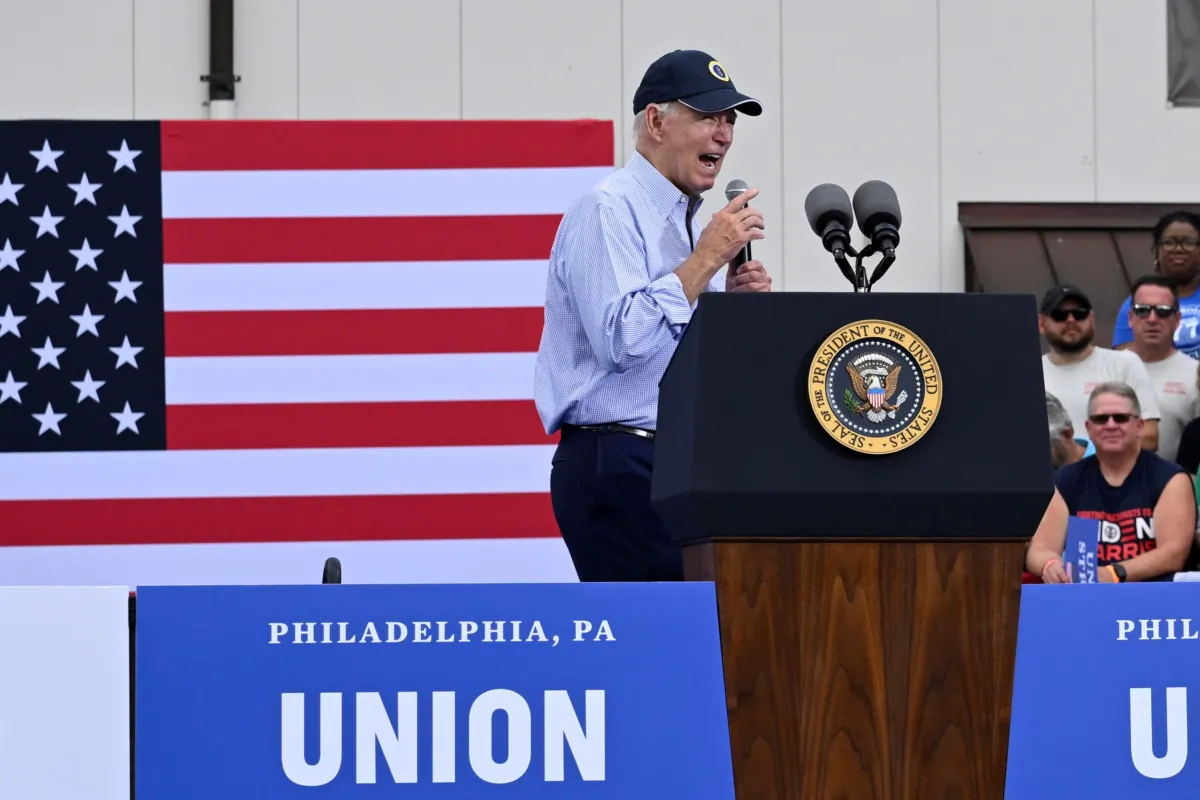 President Joe Biden addresses union workers at Sheet Metal Workers Local 19, in Philadelphia, Pa., on Sept. 4, 2023. (Mark Makela/Getty Images)