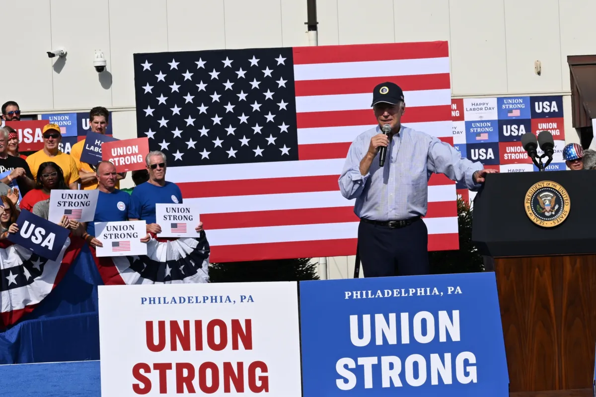 President Joe Biden addresses union workers at Sheet Metal Workers Local 19 in Philadelphia, Pa., on Sept. 4, 2023. (Mark Makela/Getty Images)