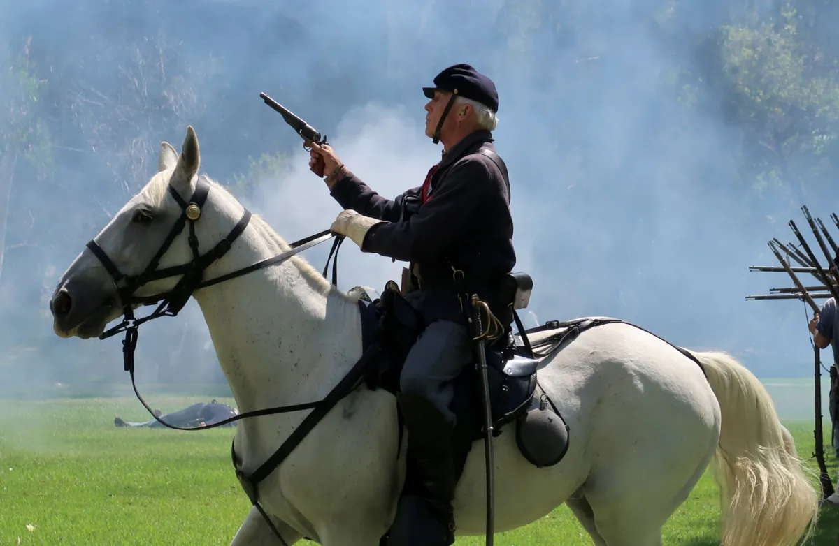 Reenactors demonstrate a typical Civil War battle during the 30th annual Civil War Days event at Huntington Beach Central Park in Huntington Beach, Calif., on Sept. 3, 2023. (Sophie Li/The Epoch Times)