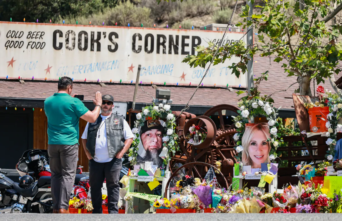 People partake in the reopening of Cook's Corner restaurant and bar, after the a recent mass shooting left three dead and several wounded, in Trabuco Canyon, Calif., on Sept. 1, 2023. (John Fredricks/The Epoch Times)