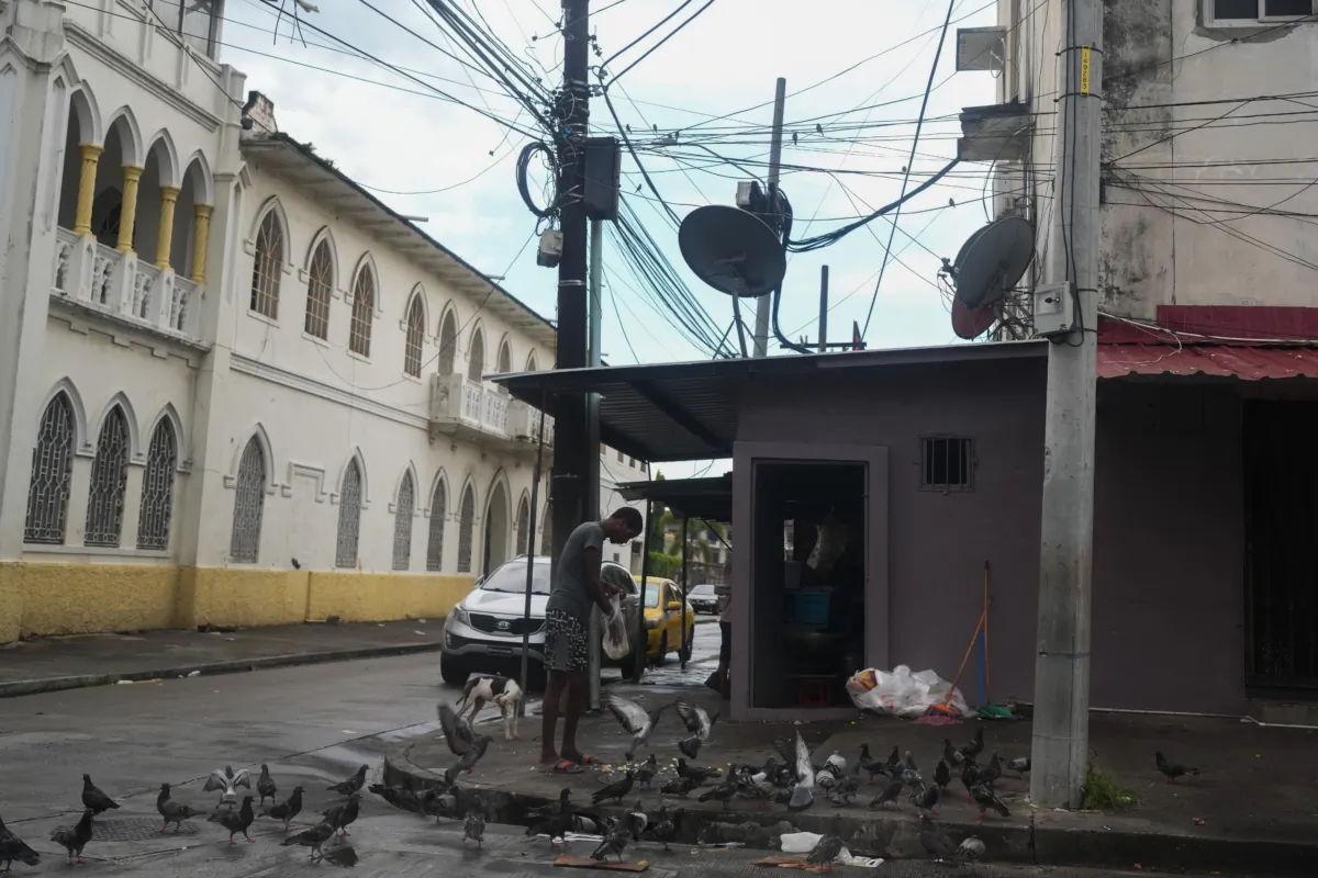 A man feeds pigeons on a street where Gilberto Hernandez, a member of Panama's national soccer team, was shot and killed in Colon, Panama, on Sept. 4, 2023. (Arnulfo Franco/AP Photo)