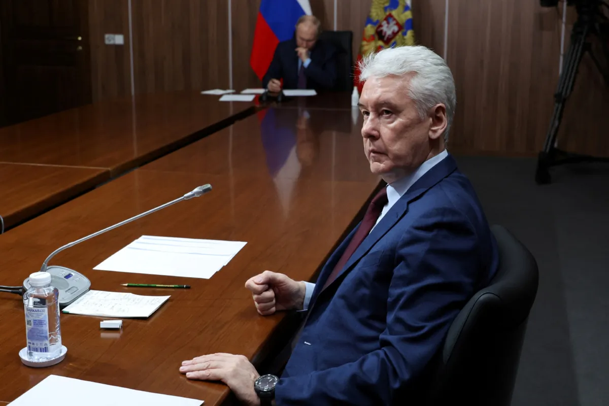 Mayor of Moscow Sergei Sobyanin attends a meeting chaired by Russian President Vladimir Putin on the development of unmanned aircraft, at the Rudnyovo industrial park in Moscow on April 27, 2023. (Sputnik/Mikhail Klimentyev/Kremlin via Reuters)