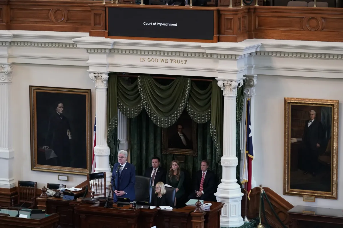 Texas Lt. Gov. Dan Patrick presides over the impeachment trial for Texas Attorney General Ken Paxton in the Senate Chamber at the Texas Capitol in Austin, Texas, on Sept. 5, 2023. (Eric Gay/AP Photo)