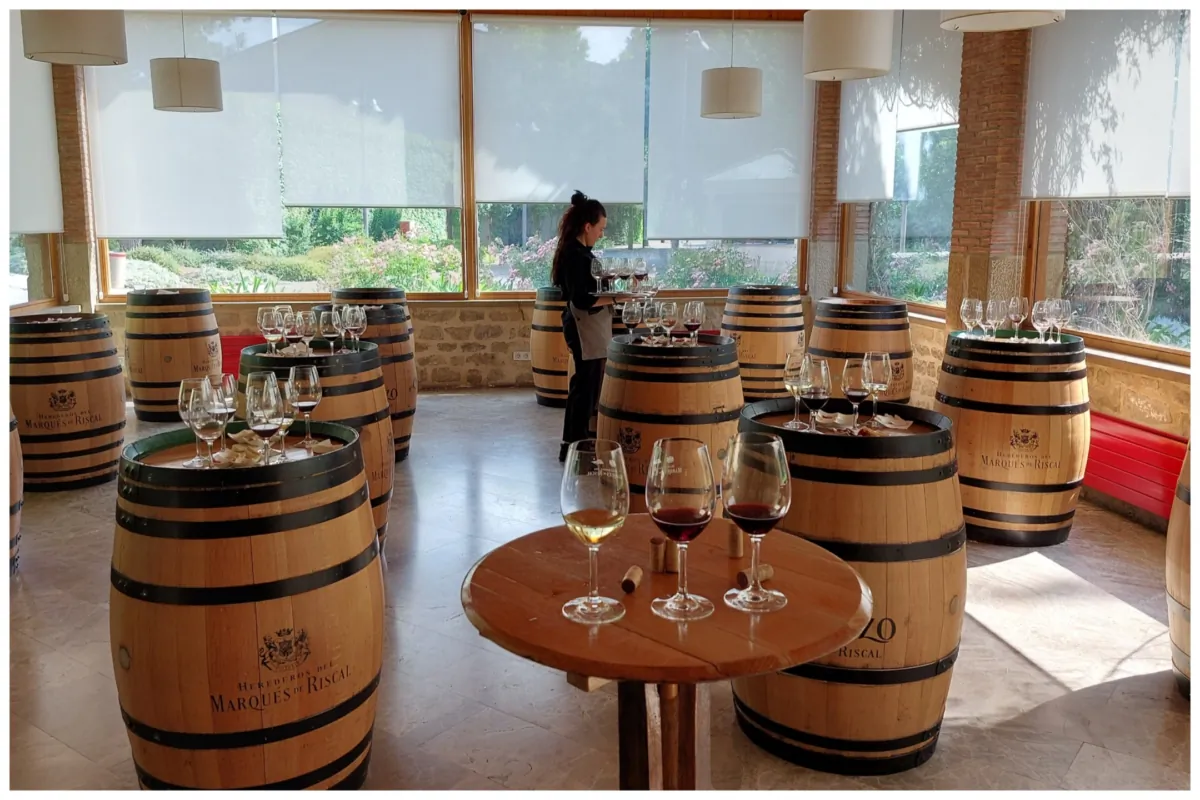 After the tour into the depths of the wine cellar, guests head to the airy tasting room at Marqués de Riscal. (Kevin Revolinski)