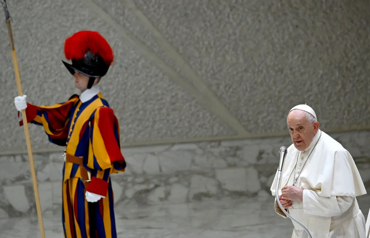 Pope Francis adresses the crowd during the weekly general audience at Paul-VI hall in The Vatican on Aug. 20 2023. (Filippo Monteforte/AFP via Getty Images)
