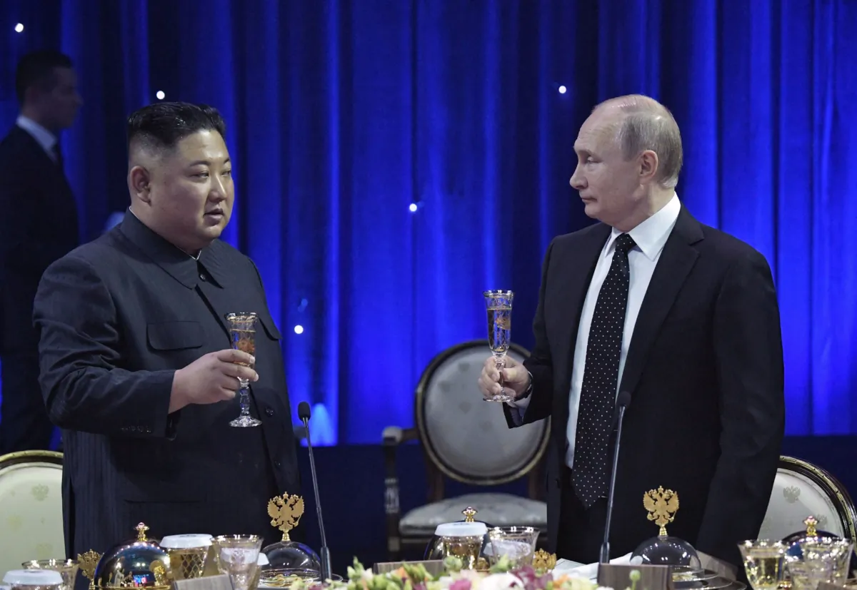 Russian President Vladimir Putin and North Korean leader Kim Jong Un attend a reception following their talks at the Far Eastern Federal University campus on Russky island in the far-eastern Russian port of Vladivostok on April 25, 2019. (Alexey Nikolsky/ Sputnik/ AFP via Getty Images)