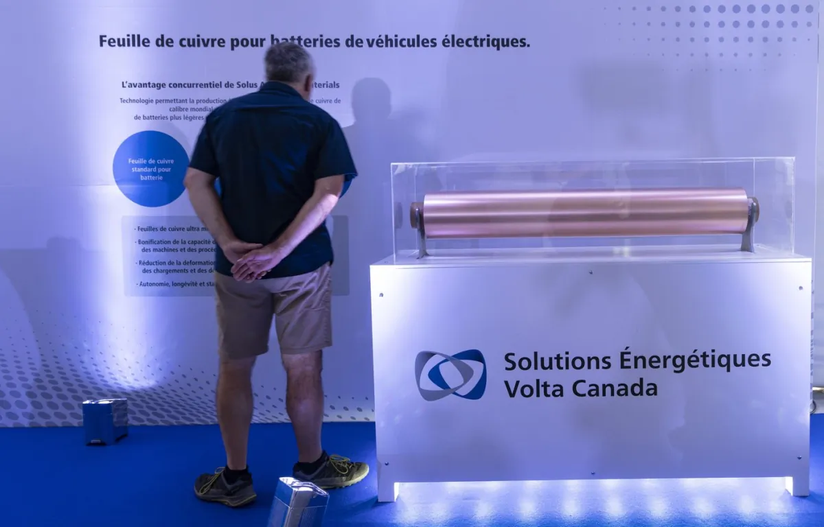A sample roll of copper foil is on display as Volta Energy Solutions launches its first copper foil plant in Granby, Que., on Sept. 5, 2023. (The Canadian Press/Christinne Muschi)