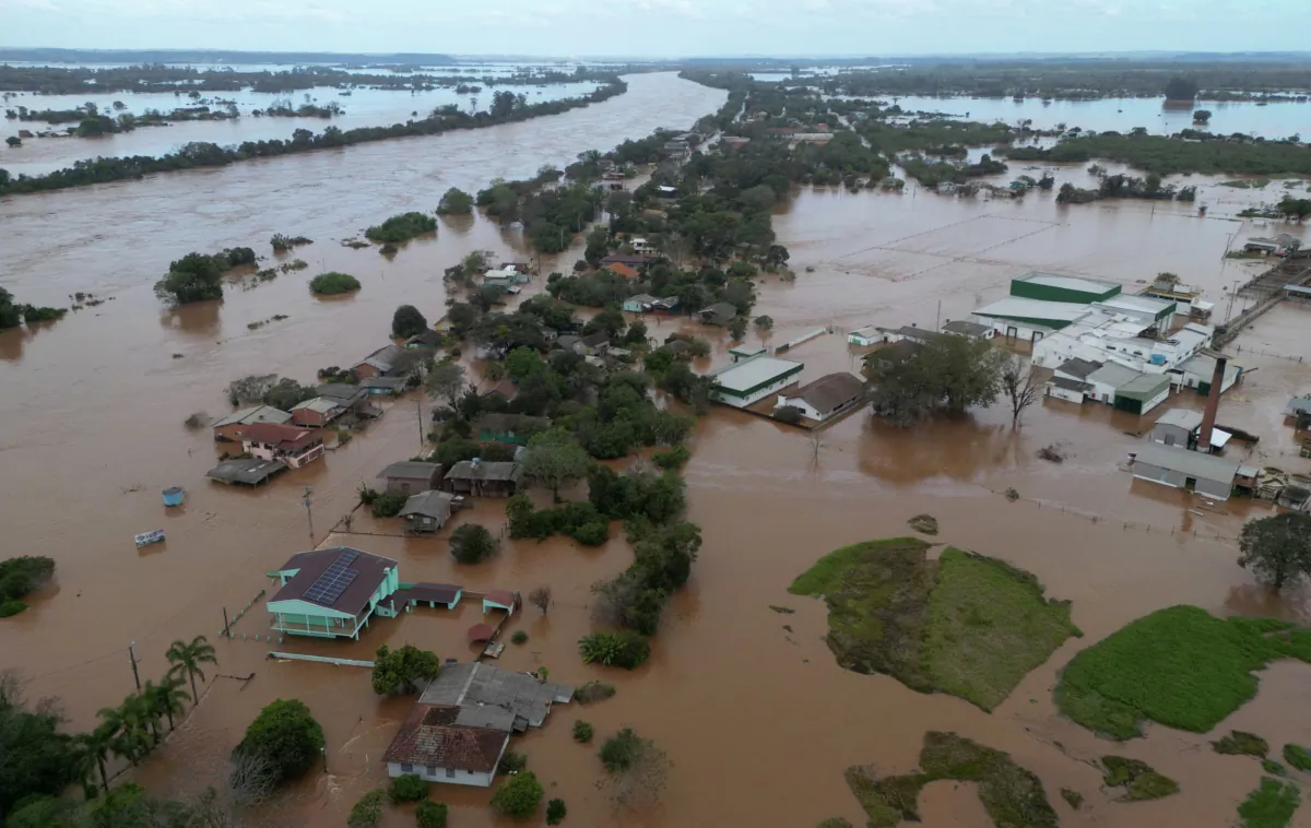 An aerial view shows damage and floods after a cyclone hit southern towns, in Venancio Aires, Rio Grande do Sul state, Brazil, on Sept. 5, 2023. (Diego Vara/Reuters)